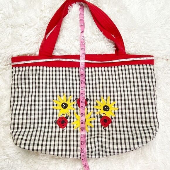Women's Gingham Embroidered Ladybug and Sunflower Tote Bag Black, Red & White - Picture 2 of 8